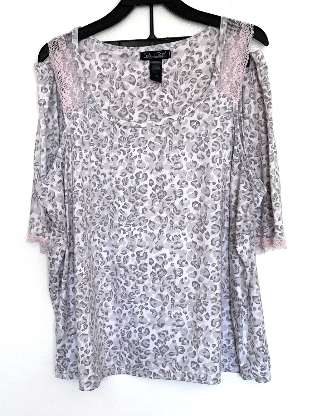 2PC Rene Rofe Plus Pajama Set Women’s 2X Gray Leopard Lace Trim Shirt Shorts